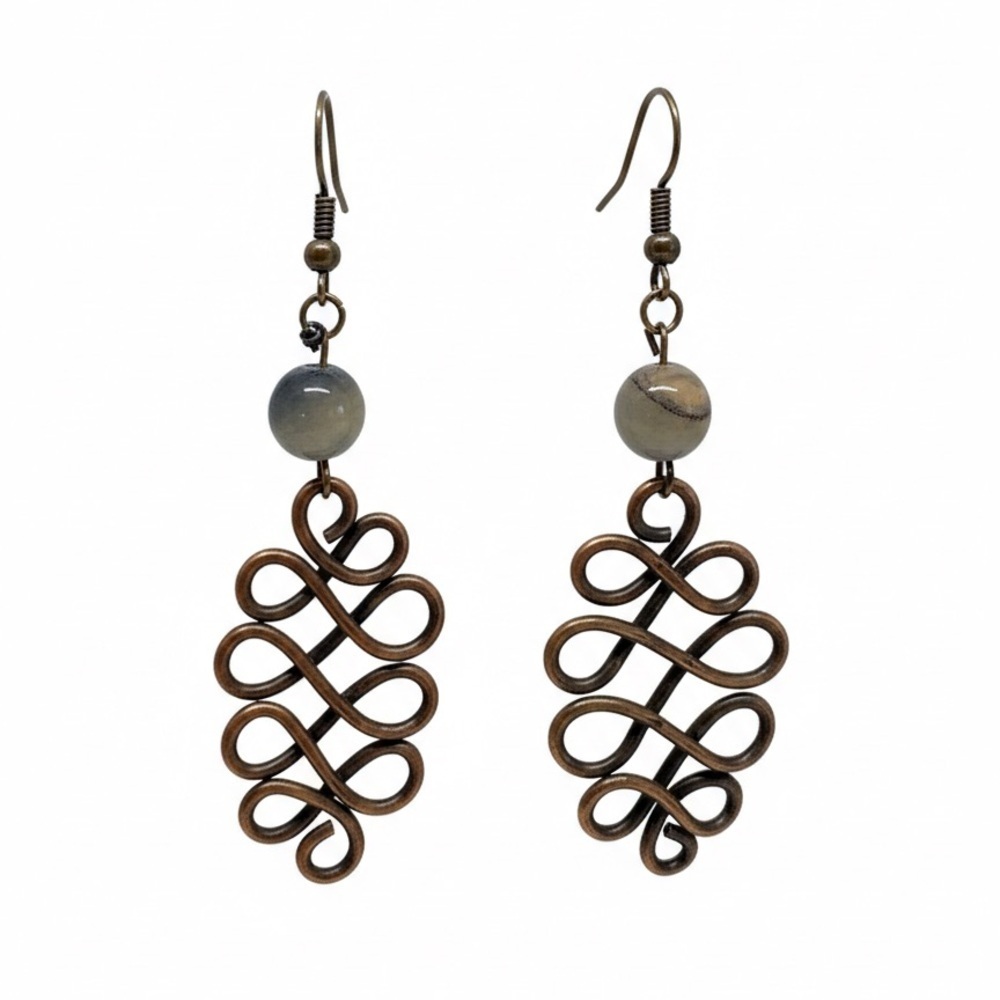 Celtic Knot Antique Copper Wire Wrap Dangle Earrings with Agate Beads - Picture 2 of 15